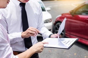 insurance agent writing on clipboard while examining car for lenders title insurance